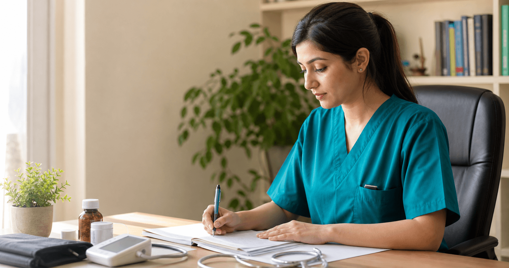 A nurse reviewing and writing home-care guidance