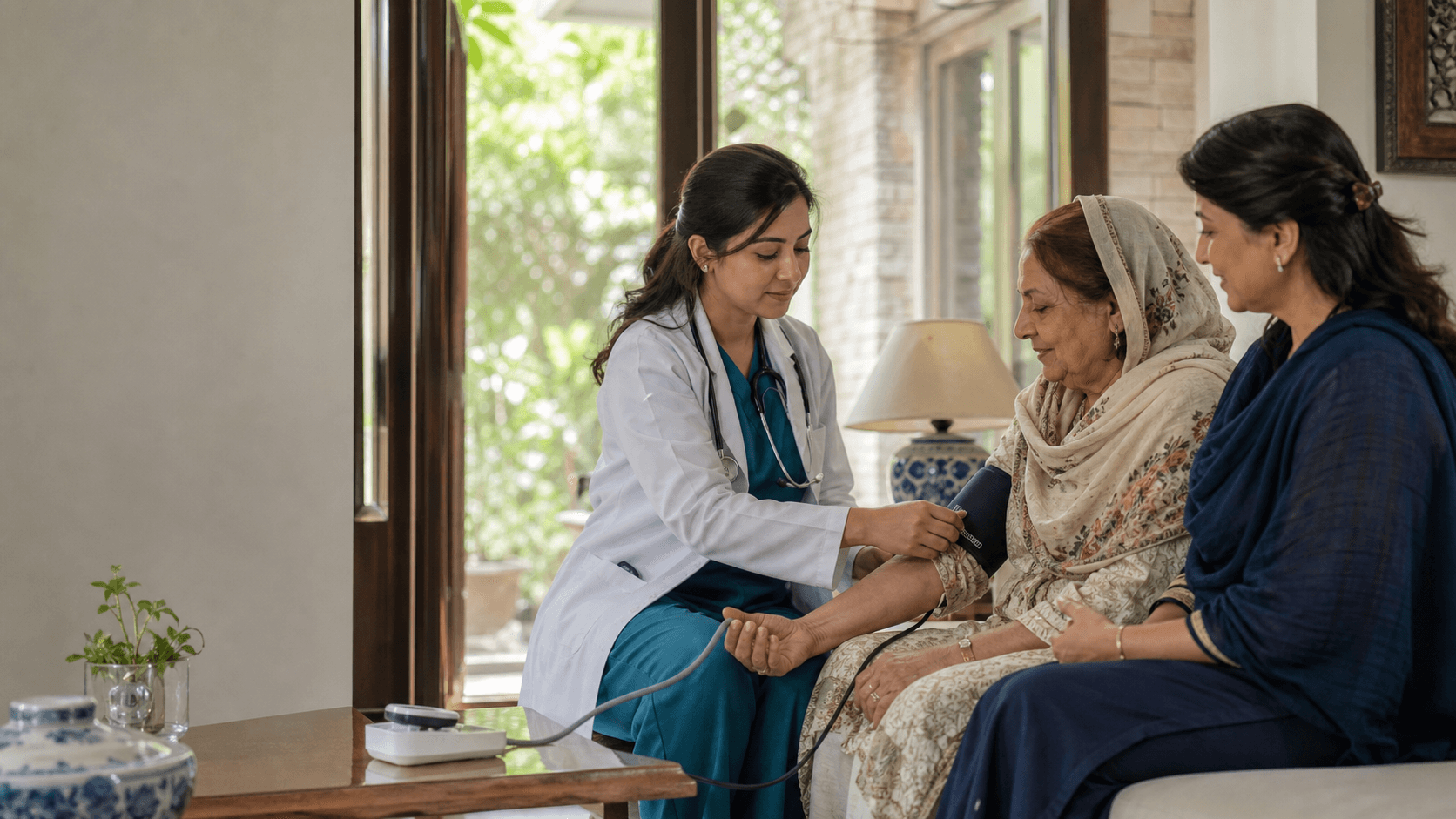 A home nurse checking an elderly patient while her daughter looks on